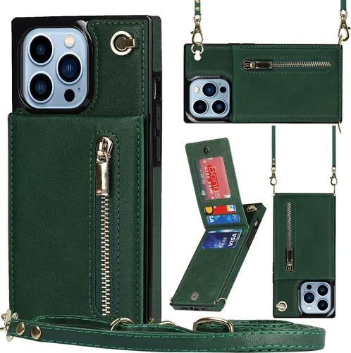 Vista 9 de Funda compatible con iPhone 13 de 6.1 pulgadas, a prueba de golpes, bolsillo con cremallera, correa de hombro, elegante funda protectora para iPhone