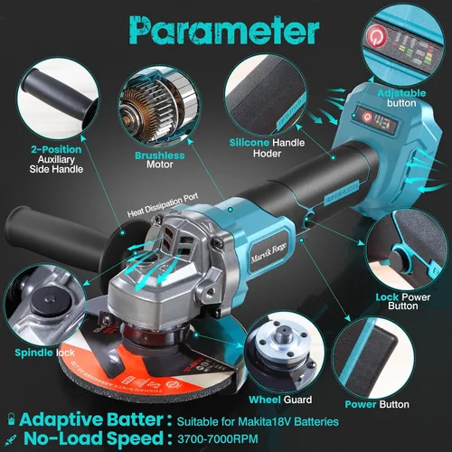 Vista 9 de Amoladora Angular Inalámbrica Compatible con Batería Makita de 18V (No Incluida), Motor sin Escobillas, Interruptor de Bloqueo, Disco de 4-1/2", 3