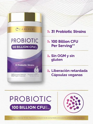Vista 4 de Carlyle Probiótico 100 mil millones de UFC 120 cápsulas Liberación 31 cepas probióticas Con fibra prebiótica Veganas, sin OMG, sin gluten