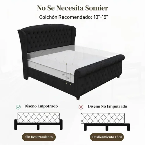Vista 7 de LUXOAK Estructura de cama tapizada tamaño Queen con cabecera capitoné Negro