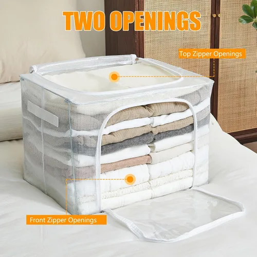 Vista 4 de Contenedores de almacenamiento de ropa apilables transparentes con marco de metal, caja de almacenamiento plegable con tapa, organizador de armario