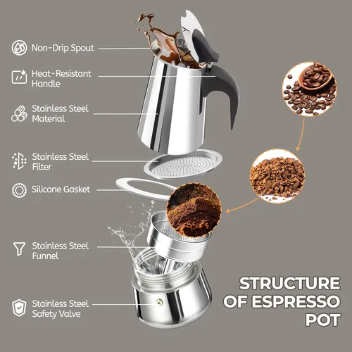 Vista 3 de Olla de Moka de 2 Tazas 100ml, Cafetera de Espresso de Acero Inoxidable, Cafetera de Percolador para Estufa, Cafetera Italiana de Estilo Clásico