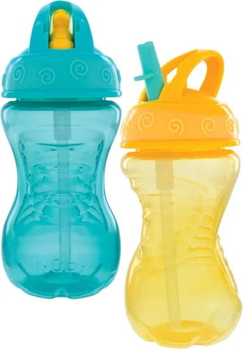 Vista 9 de Nuby Flip-It - Vasos duros con pajita Vari-Flo (paquete de 2) 10 onzas, resistentes a derrames, a partir de 12 meses, color aguamarina/rojo