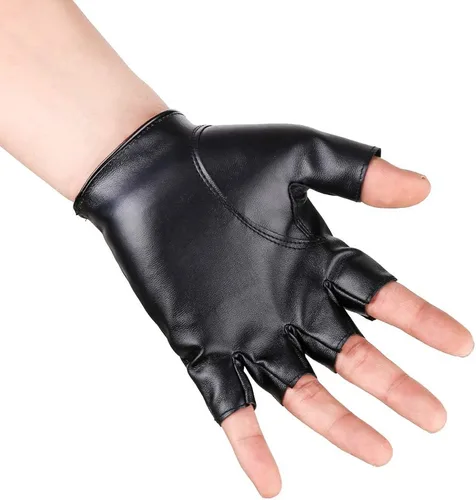 Vista 3 de JISEN Guantes de cuero PU para hombre, guantes steampunk góticos de medio dedo con gancho