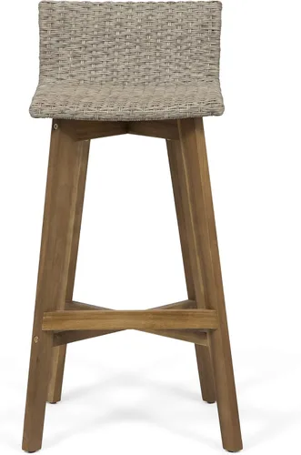 Vista 5 de GDFStudio Taburetes de bar de madera y mimbre para exteriores (juego de 4), marrón claro y teca
