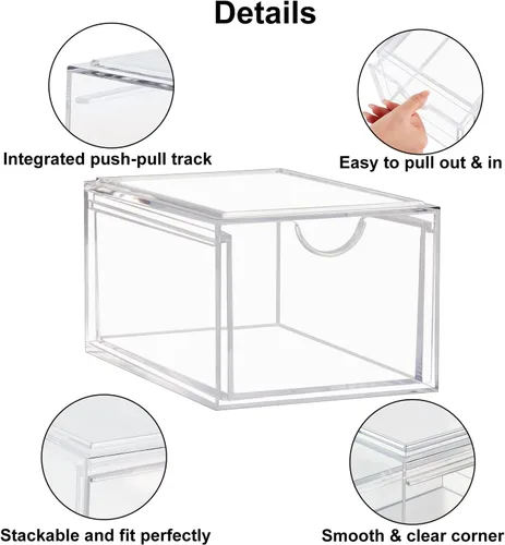 Vista 4 de Boxalls Paquete de 2 cajones de almacenamiento apilables de acrílico, organizador de maquillaje, 20% más grueso, transparente, organizadores de baño