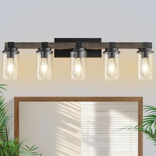 Vista 8 de Lámpara de Baño Estilo Granja de Madera Negra, Iluminación de Tocador de 2 Luces, Aplique de Pared de Madera, Accesorio de Pared Industrial Rústico