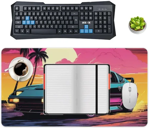 Vista 4 de Large Mouse Pad Classic Retro Sports Car Synthwave Sun Palm Trees Art Desk Mat Computer Accessories Gaming Office Organizers Supplies Decor