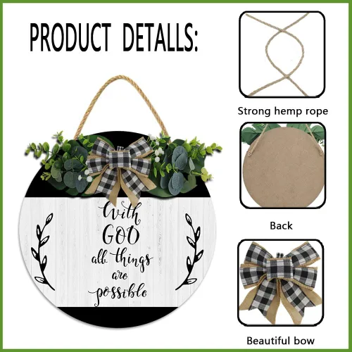 Vista 3 de Letreros con texto en inglés "With God All Things are Possible for Front Door Wreaths" (Con Dios todas las cosas son posibles) para coronas