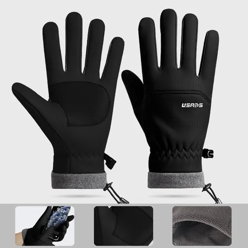Vista 4 de Winter Thermal Cycling Gloves, Windproof Faux Leather with Adjustable Drawstring & Touchscreen Fingers, Non-Slip Grip for Cold Weather Biking, Black