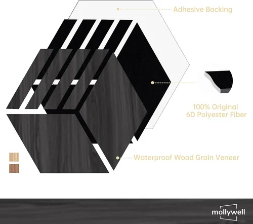 Vista 3 de Mollywell Paneles acústicos, grano de madera de PVC, azulejos de pared tallados en hexágono a prueba de sonido, fieltro autoadhesivo de alta