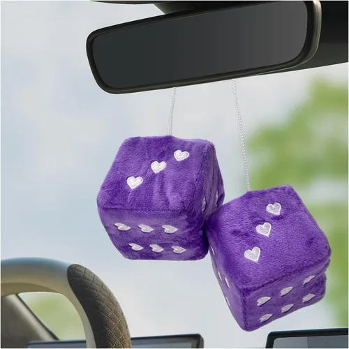 Vista 9 de 1 par de dados de felpa mullidos para espejo de automóvil, dados cuadrados retro de 3 pulgadas con forma de corazón, adorno colgante de dados retro