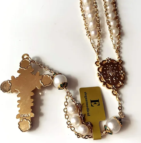 Vista 9 de elegantmedical Hecho a mano 18K chapado en oro de la escalera al cielo perla y perlas reales AAA10mm collar de crucifijo rosario católico, Perla