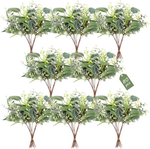 Vista 10 de ZeKonan 120 piezas de tallos de eucalipto artificiales a granel de hojas de dólar de plata sintética para ramos de florero, hojas de eucalipto