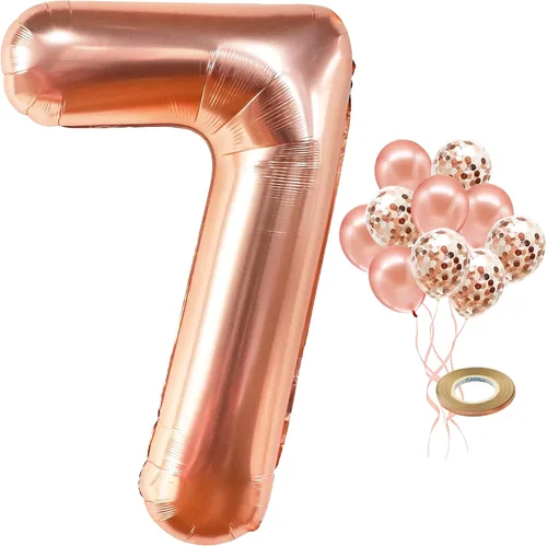 Vista 12 de Globo de número (0 a 9) color oro rosa con globos de confeti