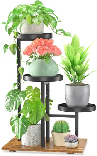 Vista 8 de LASZOLA Soporte para plantas de 5 niveles alto de madera y metal para interiores para macetas de servicio pesado, estante vertical grande