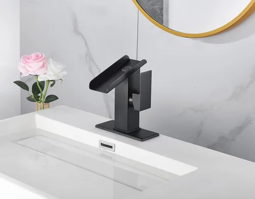 Vista 3 de Grifo de baño negro cascada 1 agujero baño lavabo lavabo fregadero grifo de una sola manija moderna lavabo grifo latón cubierta montaje comercial