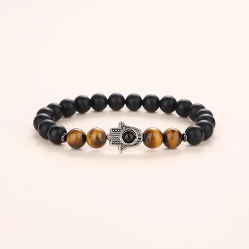 Vista 4 de Pulsera Hamsa con cuentas de piedra de tigre de ónix