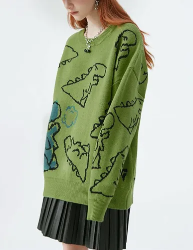 Vista 4 de Rxozrxoz Suéter de punto de dinosaurio para mujer, lindo suéter kawaii vintage, casual, holgado, suéter sin botones