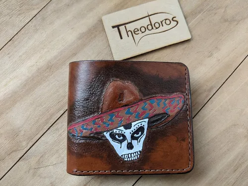 Vista 4 de Billetera de cuero genuino 3D para hombre, tallada a mano, pintada a mano, talla de cuero, billetera personalizada, billetera personalizada