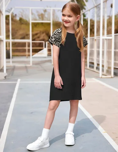 Vista 5 de Arshiner Vestido de verano para niñas de 5 a 12 años de manga corta de algodón estampado casual