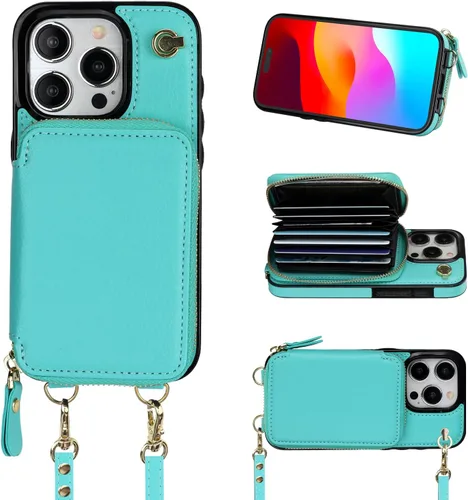 Vista 10 de Bocasal Funda tipo cartera cruzada para iPhone 15 Pro, funda de piel con bloqueo RFID y soporte para tarjetas, funda protectora con cremallera