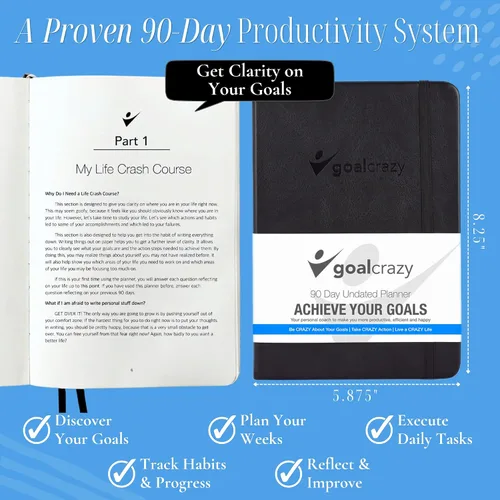 Vista 2 de Goal Crazy - Agenda sin fecha, diario guiado de 90 días, organización semanal, seguimiento de hábitos de productividad, de inspiración