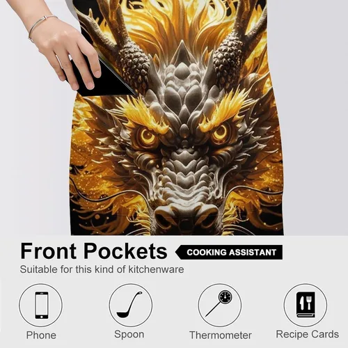 Vista 5 de MUSM Apron for Adults - 27.6 X 31.5 Inch, Heavy-Duty Polyester Aprons with Two Large Pockets, Waterproof Golden Dragon Head Kitchen Apron for