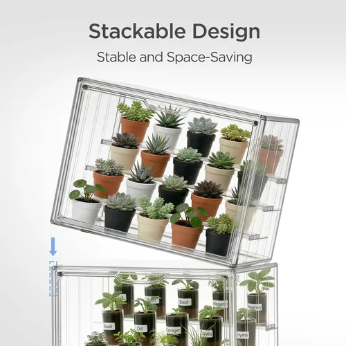 Vista 5 de HBlife Mini invernadero para interiores, casa verde apilable transparente con puerta magnética y separadores de drenaje ajustables, invernadero