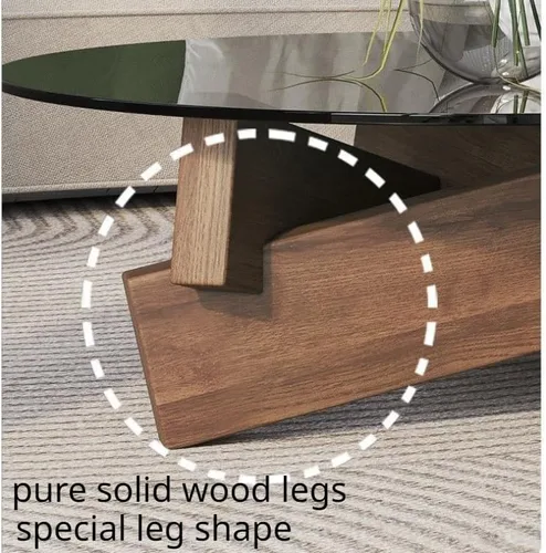 Vista 6 de Mesa auxiliar redonda de vidrio con patas de madera maciza para sala de estar (patas de nogal+vidrio gris)