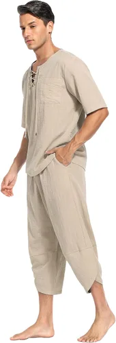 Vista 2 de Babioboa Conjunto de 2 piezas de lino para hombre, camisa hippie de manga corta y pantalones capri harén holgados para playa, pantalones de yoga