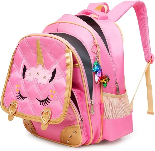 Vista 4 de Moonmo Lindo unicornio cara de lentejuelas de diamante impermeable princesa mochila escolar para niñas