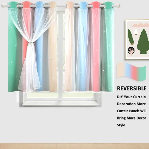 Vista 3 de Cortinas opacas con recorte de estrellas y arcoíris para guardería/habitación de niños/niñas, con superposición de tul, 2 paneles, cada una de 52