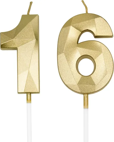 Vista 9 de Velas de cumpleaños número 16 y 61 para tartas, velas plateadas con forma de diamante 3D, decoración de cumpleaños, suministros de fiesta para Plata