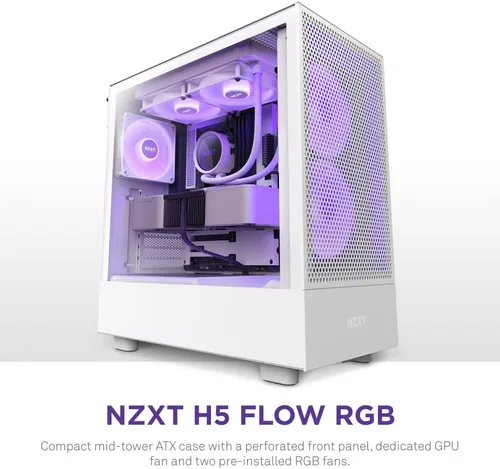 Vista 2 de NZXT H5 Flow RGB Estuche compacto ATX para juegos de PC de torre media – Panel frontal perforado de alto flujo de aire – Panel lateral de vidrio
