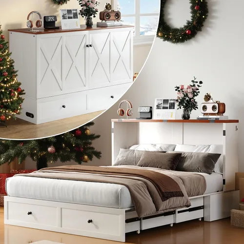 Vista 10 de Mjkone Murphy - Cama de armario con colchón plegable de tres pliegues, tamaño matrimonial, color blanco