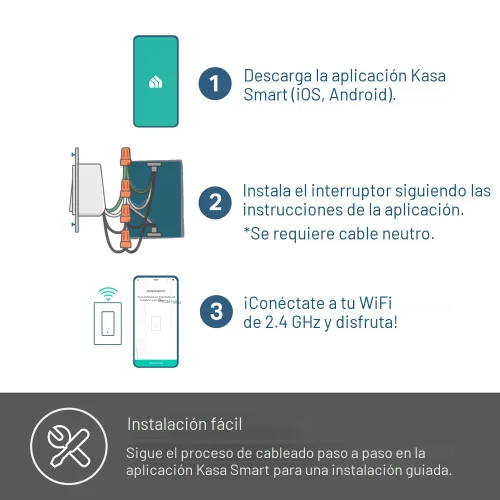 Vista 6 de Kasa Smart Interruptor de 2 Vías HS200-2, Un Solo Polo, Cable Neutro Requerido, Interruptor de Luz Wi-Fi de 2.4GHz Compatible con Alexa y Google