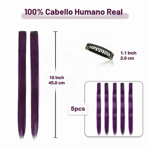 Vista 2 de Winsky Extensiones de cabello morado con clip – 100% cabello humano real de color para niñas, piezas de cabello de Halloween, 5 piezas/juego