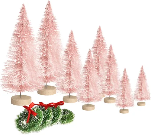 Vista 11 de 8 mini árboles de Navidad artificiales, árboles de cepillo de botella con base de madera, árbol de Navidad artificial de sisal escarchado, mini Beige