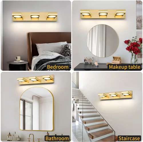 Vista 7 de OKELI Lámpara LED de tocador de baño de 3 luces, accesorios de iluminación de pared de baño modernos dorados sobre espejo (3CCT, 3000K-6000K)