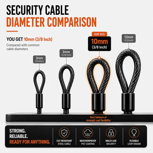 Vista 3 de Cable de seguridad para bicicleta con bucles, cable de bloqueo resistente de 3/8 pulgadas (0.394 in), cadena de seguridad de acero recubierto