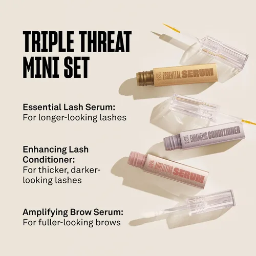 Vista 3 de Set Mini Triple Threat de Babe Original, Incluye Suero Esencial para Pestañas Babe Lash y Acondicionador Potenciador + Suero Amplificador para Cejas