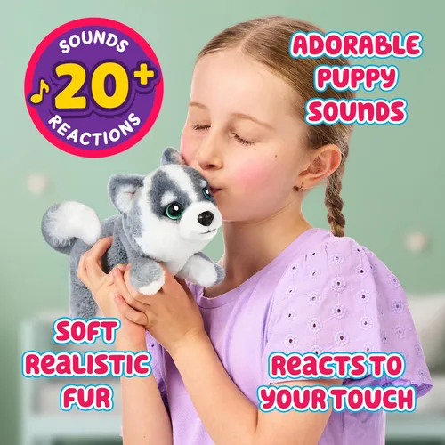 Vista 3 de Little Live Pets Mi cachorro realmente real Mini Aurora El Husky, juguete de peluche interactivo con cesta de exhibición, más de 20 sonidos