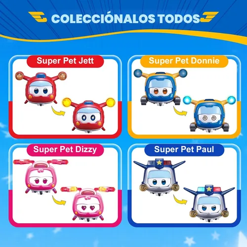 Vista 5 de Super Wings Juguetes, 4 PCS Super Pet Set, Resplandor y Cambio de Cara Transformable Juguetes Jett Donnie Paul Dizzy Pet, Juguetes Apilables