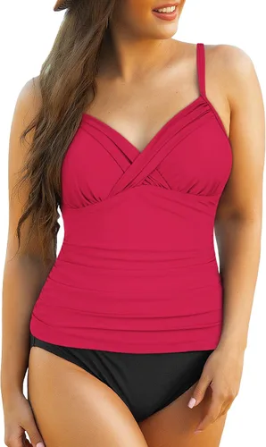 Vista 5 de coastal rose Tankini para mujer, cuello en V, parte superior de natación fruncida con control de abdomen