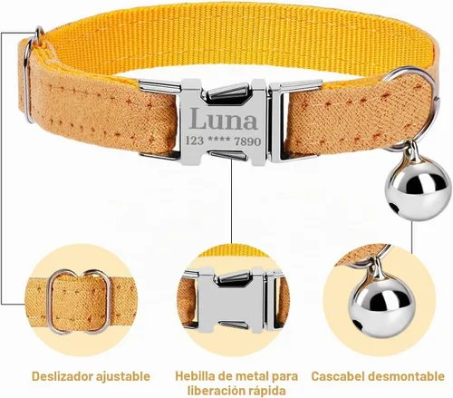 Vista 5 de Collar de gato personalizado con placa de nombre, collares ajustables de nailon resistente para identificación de gato con campana, personaliza