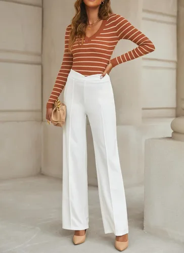 Vista 3 de Vetinee Pantalones de vestir para mujer, estilo casual, de cintura alta, pierna ancha, para trabajo, oficina, pantalones elásticos