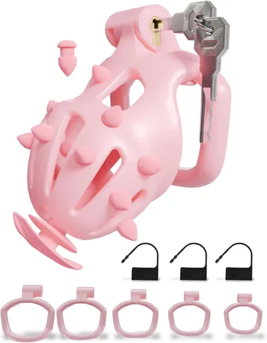 Vista 11 de Cobra Chastity Cage for Men, Invisible Lock, 5 Ball Rings (Pink, XS) Spiked cobra design, lightweight 3D printed open structure, breathable
