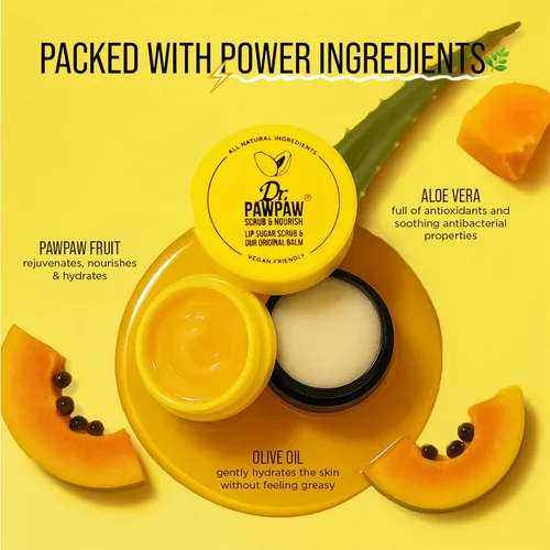 Vista 4 de Dr. PawPaw - Exfoliante Labial y Bálsamo Labial Dúo - Bálsamo Labial Hidratante con Pawpaw, Aloe, Aceites de Oliva y Ricino - Exfoliante Labial