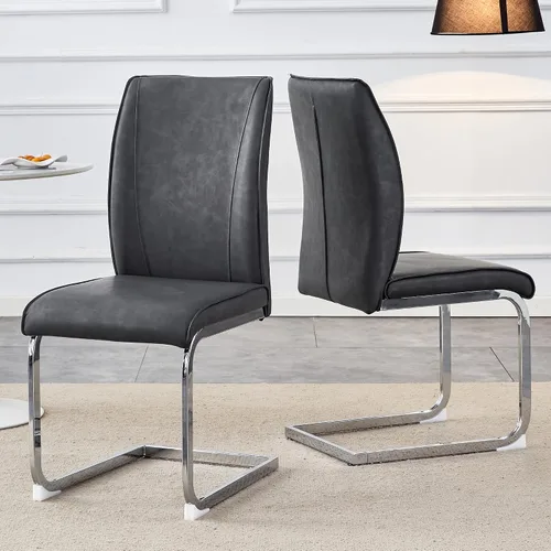 Vista 8 de Juego de 2 sillas de comedor modernas, sillas de cocina tapizadas de cuero, sillas de comedor sin brazos con respaldo alto y patas de metal dorado